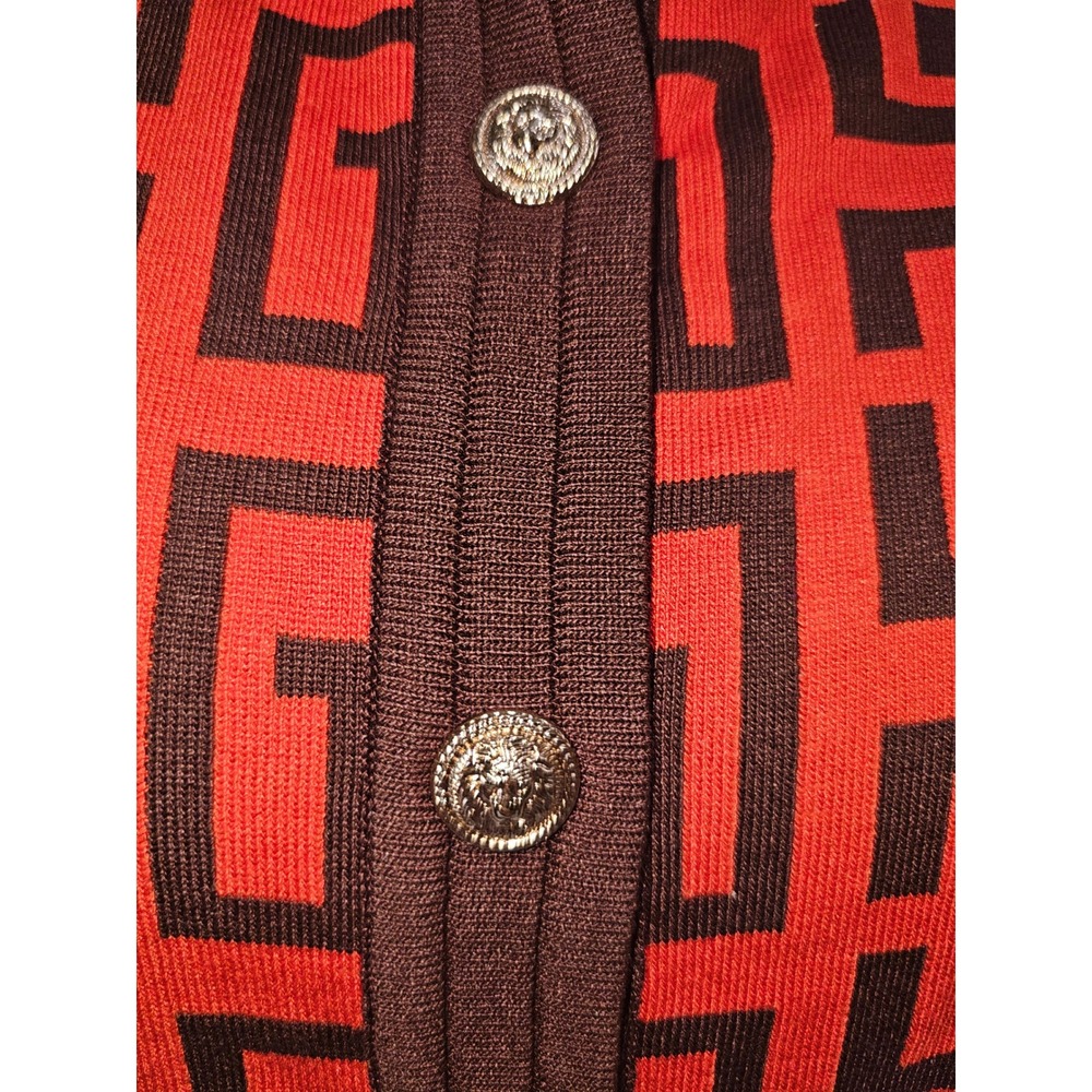 Orange Brown Designer Geometric Print Gold Button Front Cardigan Sweater Women M - Picture 2 of 8